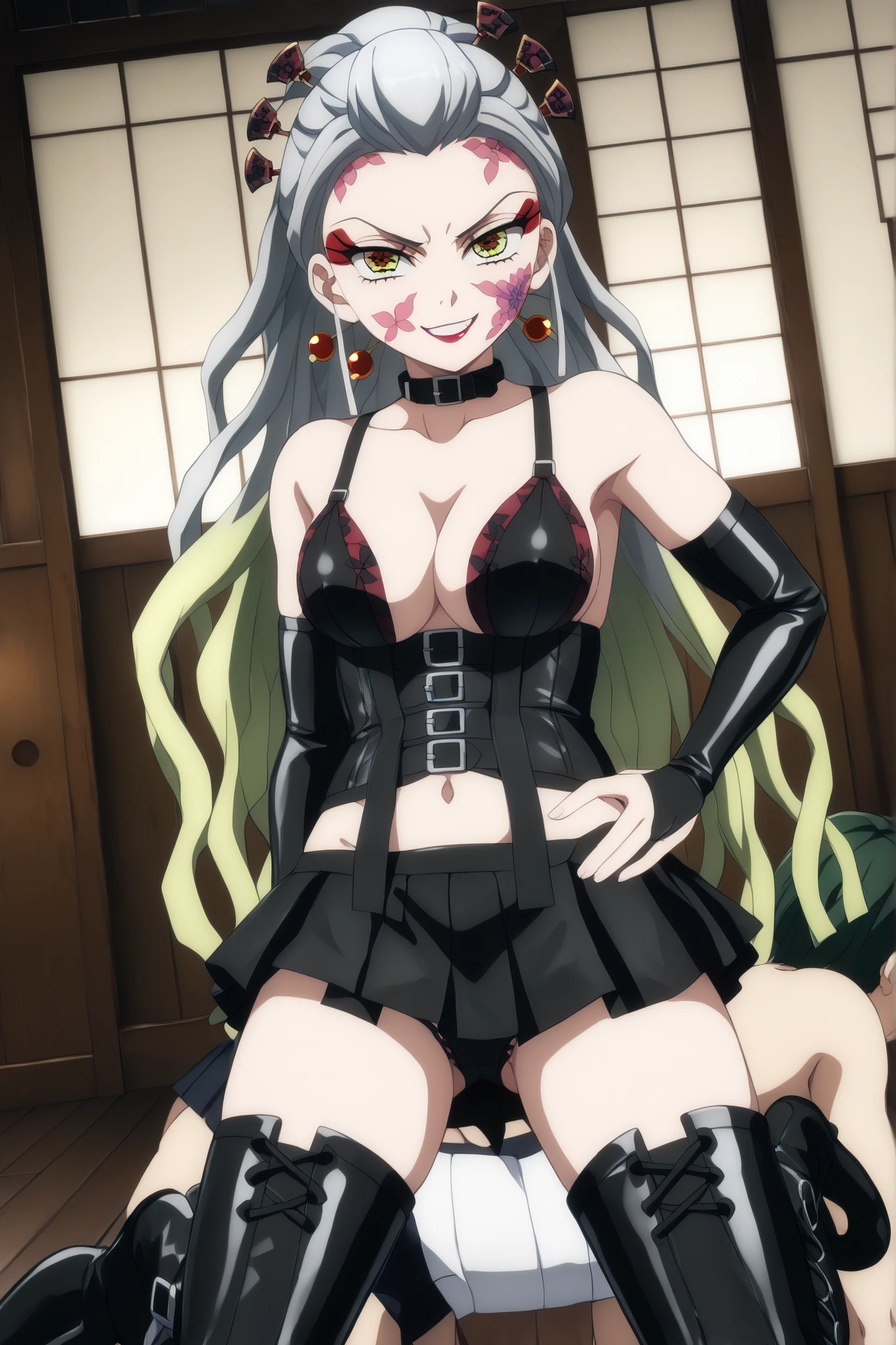 (((sitting cross-legged)))、Queen、Naked man on all fours、裸の男の背中に座るQueen:1.1、Man used as a human chair、human chair、(((black latex elbow gloves:1.4)))、(((Black latex corset dress:1.4)))、(((corset dress is decorated with beautiful lace)))、((( )))、(((Black latex tight mini skirt:1.4)))、(((black thigh-high boots:1.4)))、(((Black rubber tights:1.2)))、(((stiletto heel boots:1.4)))、(((Stiletto Boots:1.4)))、(((Black latex high leg panties)))、(((黒いラテックスのbra)))、(((Black leather collar)))、(((Bold Poses:1.4 )))、Wide legs:1.2、(((erotic)))、(((cowboy shot)))、close-up、(((place your hands on your hips)))、beautiful eyes with highlights、Fine Beautiful Skin、} 2 perfect legs based on anatomy、wearing cute mythological costumes、(perfect 4 fingers and 1 thumb)、masterpiece、Masterpiece、absurdres、High Definition、Hi-Res 8k、detailed face、detailed eyes、Detailed Hairstyle、score_9,Daki、
(Indoor、dim room、A room for torture、SM specialty hotel、SM Exclusive Room)、
multi colored hair, gray hair, green hair, iridescent eyes, long hair, hair ornament, hairstick, Facial markings, makeup, lipstick,
color skin, Crack skin,
kimono, Bare Shoulders, print nicely, bra, Obi , band, belly button, black panties, printed high socks, black knee-highs,
watching viewers、dutch angle、evil smile、grin、smirk、smug