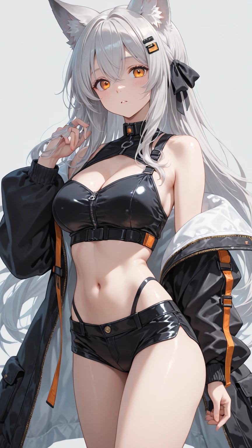 young girl, Long white hair, Cat's ears, Heterochromia, Yellow left and blue right eyes, tight turquoise top, Sleeveless, Shorts, open belly, White patterns on clothes, smirk, Daggers, Masterpiece, hiquality
