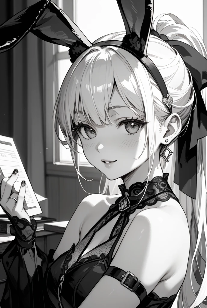 desenho de linha, tirinha, monochrome, lighting, 1 garota em, mesa, melhor qualidade, super detalhe