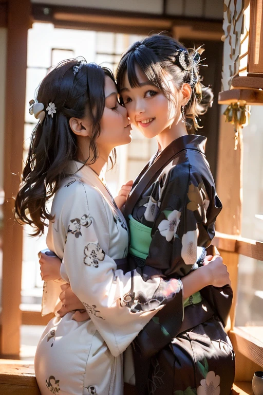 最high quality、high quality、Best image quality、8k、最High resolution、High resolution、最high quality、masterpiece、RAW Photos、whole body写真、Detailed and realistic human body、Detailed and realistic skin、Realistic face in every detail、Detailed and realistic eyes、Detailed and realistic lips、Detailed and realistic teeth、Detailed and realistic ears、Detailed and realistic hair、Realistic reproduction of every detail、((Beautiful Hands(thumb1、reference4))、Realistic feet down to the last detail、((Beautiful Japanese Girl))、(Japanese Model)、((18 year old beautiful girl2))、(Black Hair)、(Random Hairstyles)、((whole body))、((Slim and perfect figure))、(Beautiful and firm breasts)、(whole body光沢肌、Fair skin)、((twins、Sisters))、((A few girls))、Soft natural light、China dress、kimono、Ninja costume、Japanese tradition、Japanese garden、((Colorful see-through(Floral Ninja Costume))、((Relax in the garden(Girls hugging each other2))、(Girls looking at each other2)、(Kiss a girl2)
