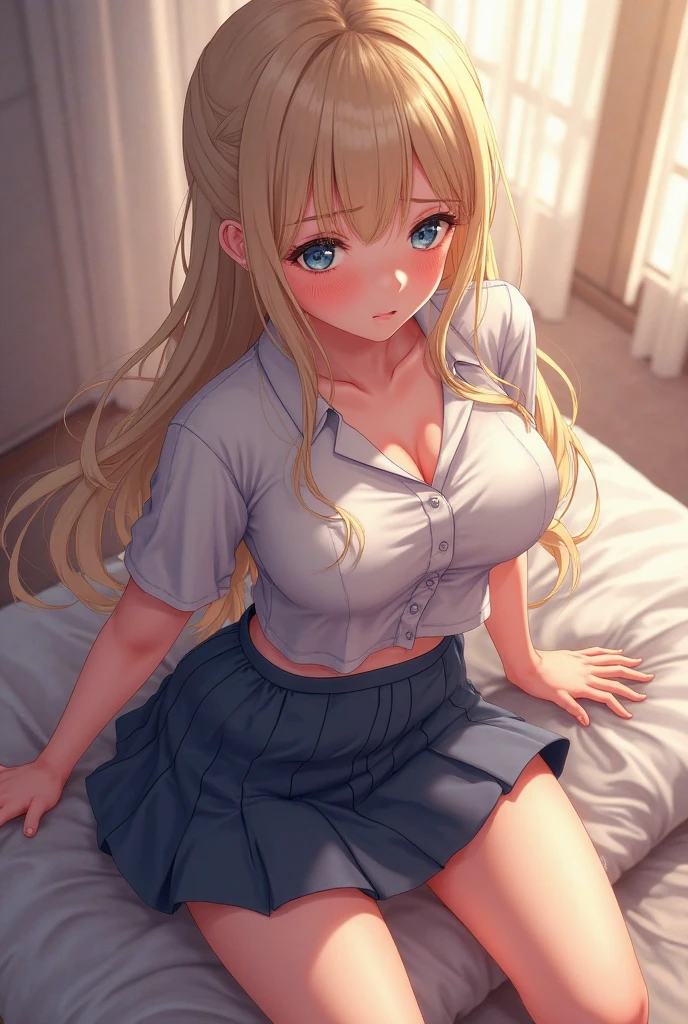 (Masterpiece, Photorealistic, high resolution), ((1girll):1.2), (Masterpiece, Photorealistic, high resolution), ((1girll):1.2),  a teenage girl (Loose Red shirt, Laces panty (medium of breast):1.2, thighs), on top of the bed, lie on the bed, Cute or adorable kids laces panties, visible panty lines, Pants are Wet, stockings, tears in eyes
