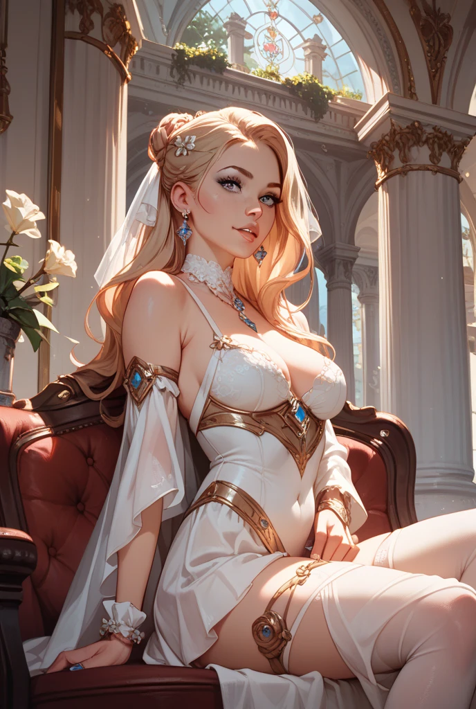(Masterpiece), (detailed), (high quality), medieval painting of a tall elven princess in a white dress with long curly blonde hair, she is curvy