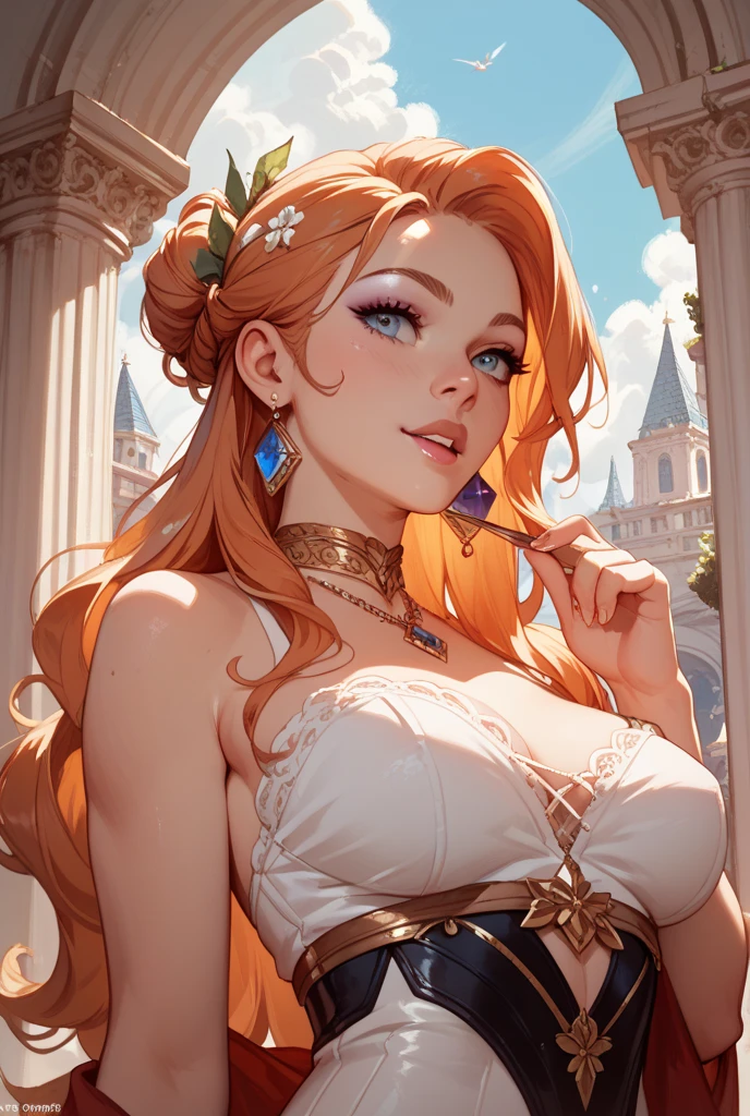 beautiful ginger women in detailed dress at cozy detailed potions shop, air above hair, IPA award wining, masterpiece