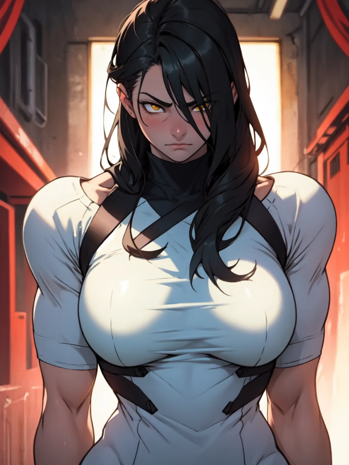angry very long hair (muscular) girl pale skin black hair yellow eyes huge breasts