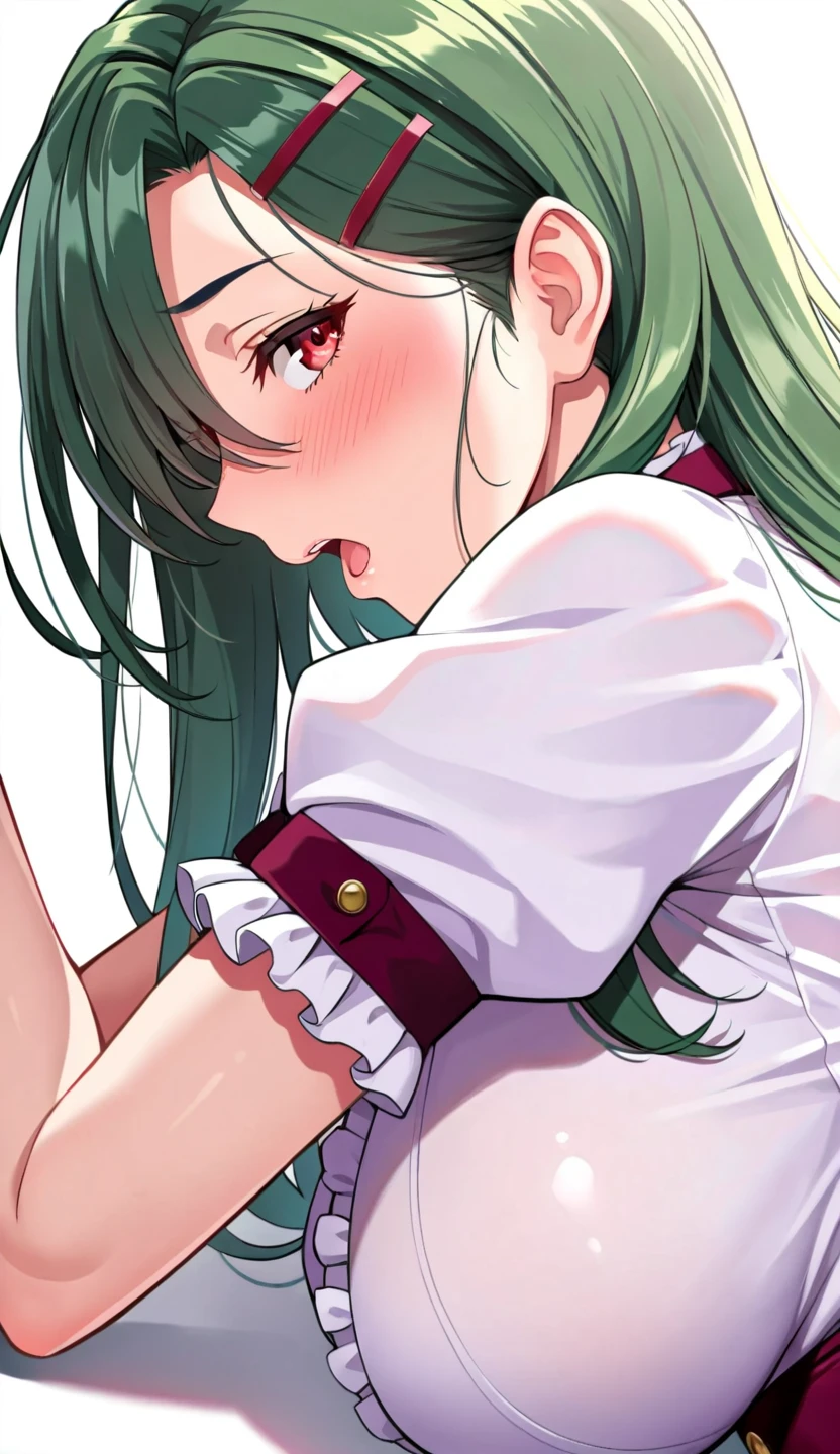 Elementary school height, small, short, small breasts, ponytail, green hair,green eye,((uncensored)),((pussy)),exposed breasts, ((pink nipples)), ((white garter belt)), ((white stockings)), ((wedding veil)), (orgasm), (((collar for dogs))),((watery eyes)),((pussy juice)),((spread pussy)),((Peeing and squirting)),((see through white wedding dress)),1 boy,((((a boy is grabbing girl’s breasts from behind)))),slant eyes,furrowed brow,child,elementary school student,baby face,blush,embarrassed,arms up,chikan,molestation