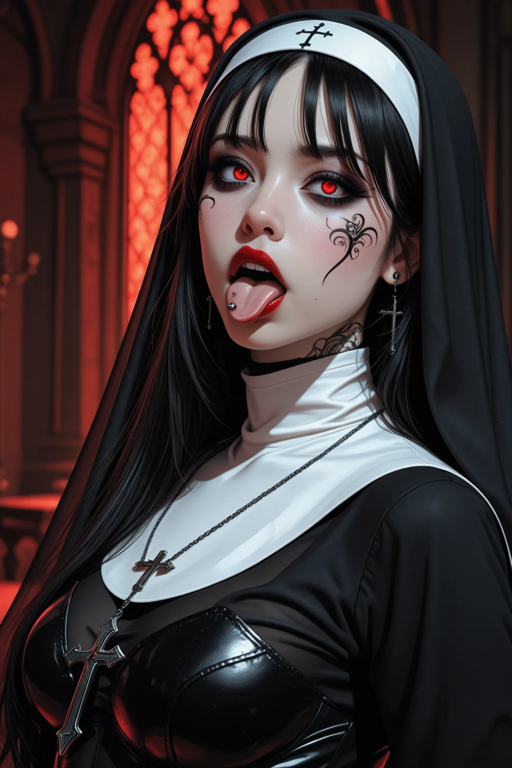 Monochromatic, surreal illustration featuring a head with a black, textured surface, devoid of facial features. The head is encircled by a white halo-like ring, creating a stark contrast against the dark background. The mouth is open wide, revealing a tongue with a piercing. The neck is wrapped with multiple ropes, adding to the eerie and unsettling atmosphere of the image. The overall composition is minimalistic yet striking, with a focus on the disturbing and abstract nature of the subject, anime, anatomicamente correto, super detalhado, alta qualidade, 4K