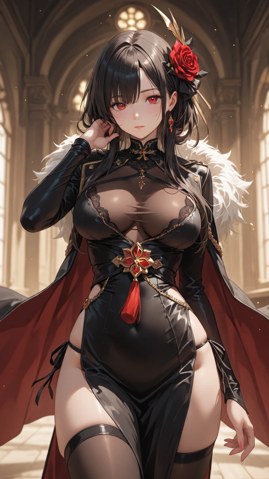 1girl, rogue,(large breasts:1),skindentation, ,black cape , extremely detailed,harness,realistic(masterpiece, best quality:1.2) <lora:animeknight_v2:1>