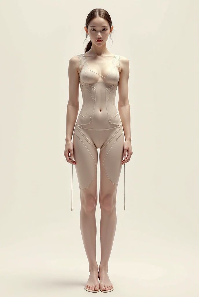 a woman, very thin body, body visible bones, very slender , sweaty weat body, pale white skin,tatto, full body, wearing tight clothes 
