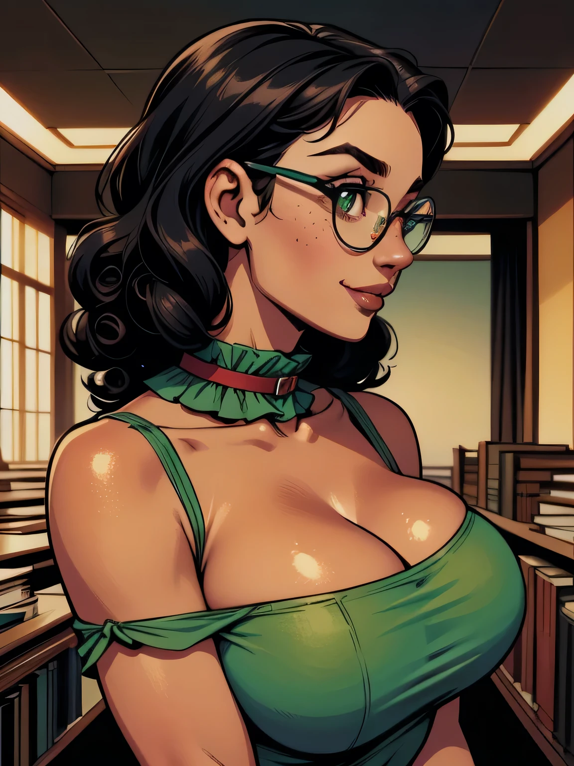 there a drawing of a attractive nerdy woman sitting in a messy room, spectacles, in a bedroom, messy room, in a room, inside a messy room, lots of books, in my bedroom, in her room, in an attic, chaotic bedroom, sitting in her room, messy bedroom, cluttered room, ghostly bedroom, in small room, dirty room, cluttered, a room, anime style, happy vibrant colors