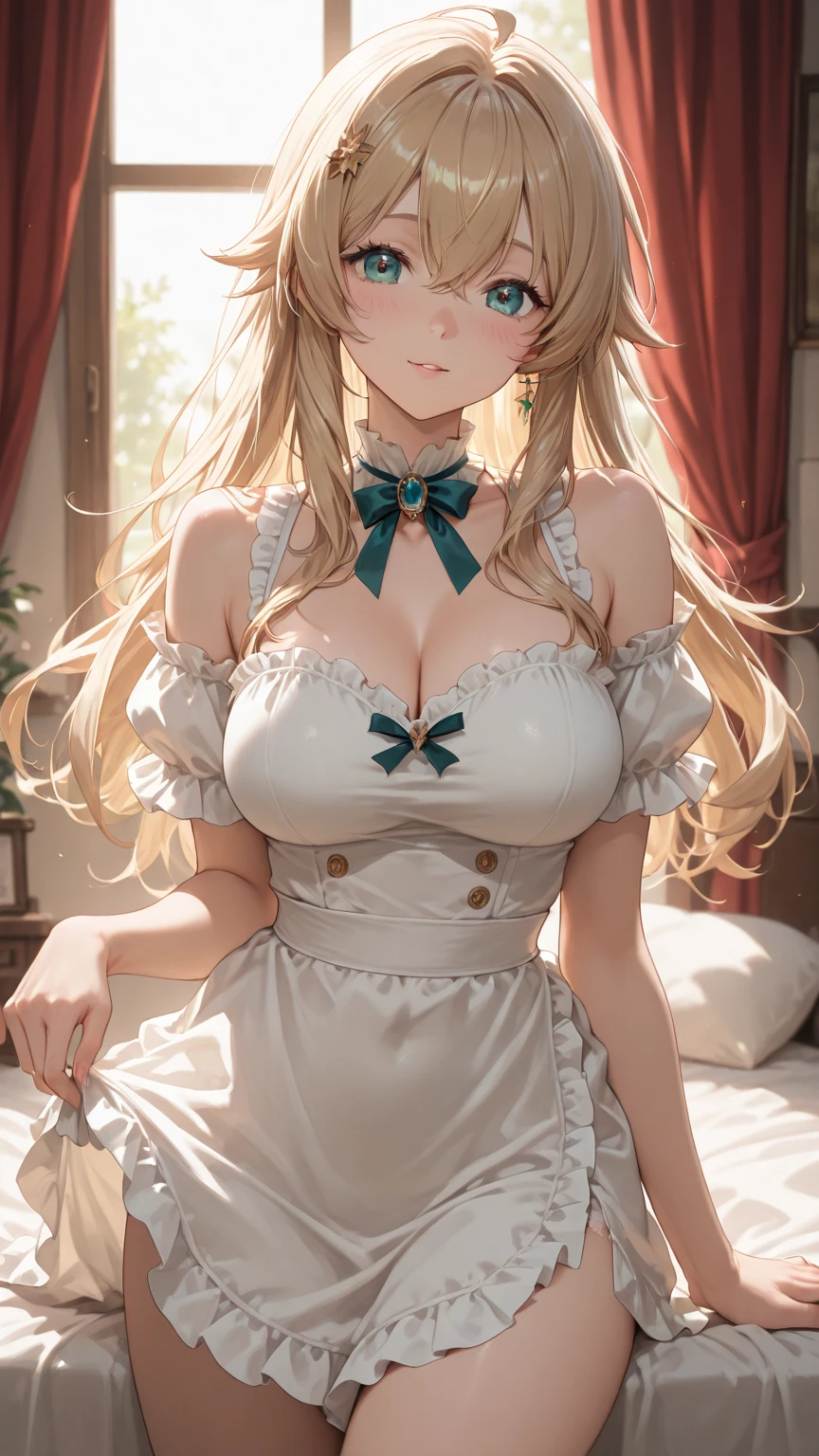 (Best quality, 8k, 32k, Masterpiece, UHD,:1.2),RAW, human, 1girl,ultra cute , ultra cute, natural lighting, transparent shining eyes, 20yo, large breast ,femur, fair complexion , flushed face, ,Homemade Country Dress,long-sleeved dress in muted colors, Handmade apron for practicality and style, sturdy fabrics like cotton, Happily Smiling, ((wariza)), on sofa, emerald green, From the front and above, Closeup shot, Cleavage Cutout, blonde ponytail, arms between legs, emphasizing the Cleavage, breast shot
