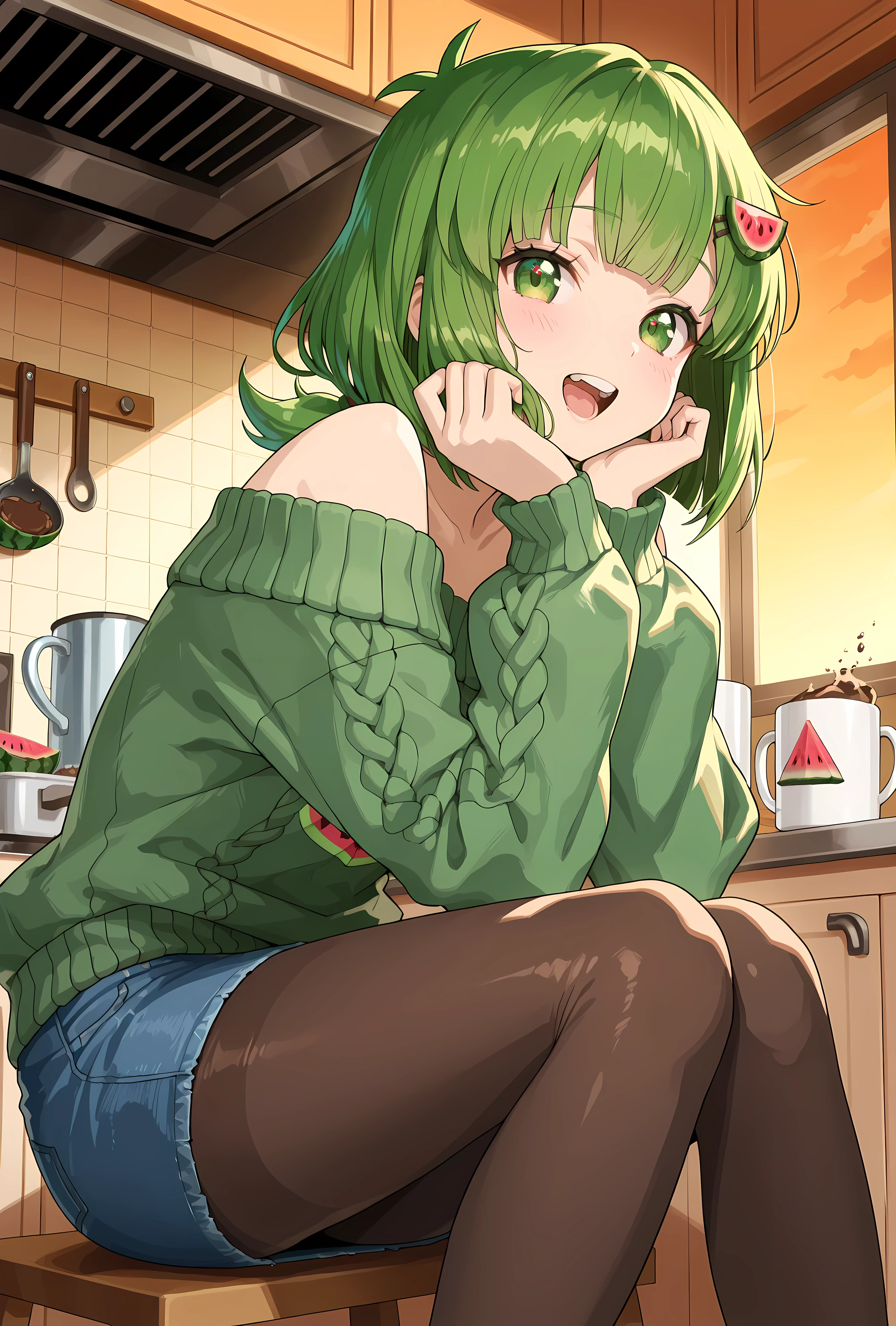 (masterpiece:1.2, Best Quality), (finely detailed beautiful eye: 1.2), (beautiful detailed face), 1 person,masterpiece、top quality、Anime Style,,High Definition,masterpiece,8k,,Anime Style,womanhood,beautiful,Open your mouth, Cocoa Trap,bitter,mugs in membrane cups,Drink cocoa ,FALL IN THE COCOA TRAP,chocolate with teeth,Anime Style,Girl,cute,cute,thigh to head,WAVE HAIR,bob cut,medium hair,girl sitting,kitchen,evening character: Vannamelon, green off-shoulder sweater, denim skirt, pantyhose, thin, green hair, small watermelon shaped hairpin in hair, green eyes, long hair , low ponytail, thin,