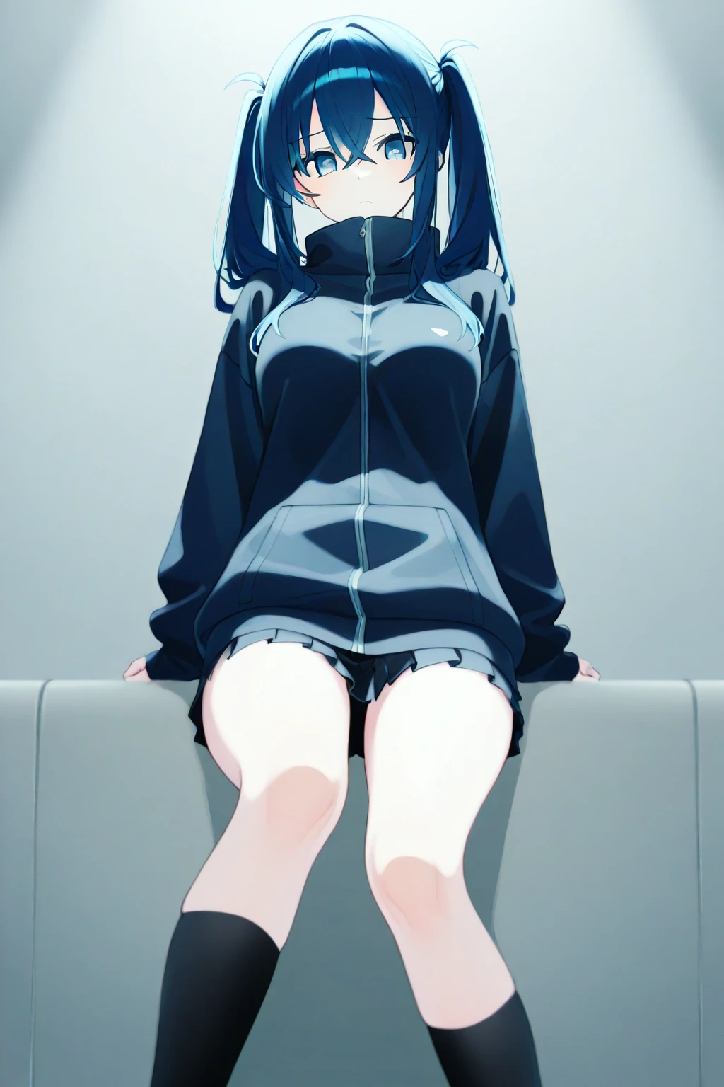 1 girl, rusk, vrchat, black hoodie, flat chest, bedroom background, blue hair, short hair, blue eyes, cat girl, 2d, 2D, masterpiece, ((raytracing)), trending on artstation, intricate details, detailed, intricate, without pants, little girl, small height, (night), (camel toe), ((sitting on bed)), spread legs, ((white panties)), black stockings, (high detailed shadows), striped panties, ((panties is visible))