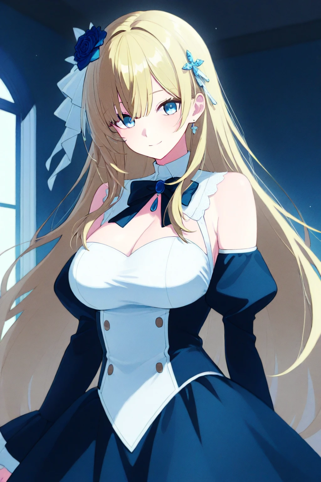 (masterpiece, best quality:1.2), 1girl, solo, blond hair, blue hairband, blue hair ribbon on the left, white breast, black gloves, knight skirt, Solid color background