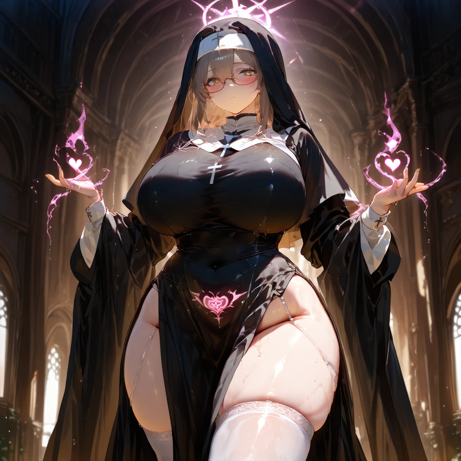 fl4ttr1p、scorn-style、night、Dark Theme、Low light、Shrine Maiden Girl、Dark Skin、Dark Elf、Dark brown skin、White Hair、Holy Priestess、White lace poncho、bottomless、Thick curvy big 、Huge breasts、Hyper Chest、Nipple Contour、Glowing whites of the eyes、Full body glowing white magic tattoo、、、、、、、、、Dark Ritual、Decorations、skull、Rituals of Darkness、Dark Magic、Purple Magic Circle、Villainess、Cold and cruel、Purple Flame Eyes、