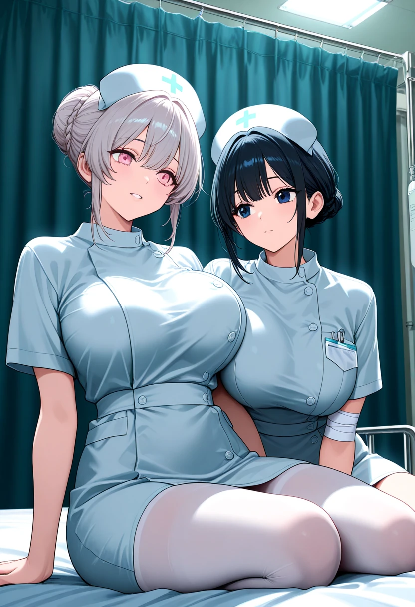hospital, latex nurse suit,nurse,busty,gloves,labcoat,silver hair woman, emerald eyes , gigantic boobs ,medical instruments,asian nurse,two nurses,speculum,examination room,oversize boobs,mask ,big ass ,strap on ,giving birth,ahegao