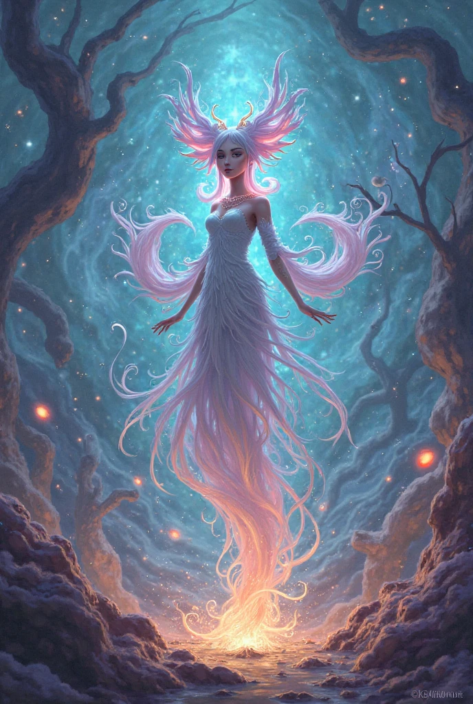 In a realm of ethereal twilight, the sky is ablaze with a kaleidoscope of iridescent hues, a mesmerizing array of colors that seem to shift and blend as the glowing mist swirls around it. The air is filled with delicate, feathery spores that drift lazily, their gentle dance carried by the breeze. Towering, slender trees with trunks that glow like lanterns stretch toward the heavens, their branches tangled with vines that pulse with a soft, blue light.
Amidst this dreamlike landscape, the humanoid hybrid drifts effortlessly, its flowing membranes â translucent and diaphanous as jellyfish bells â undulating in the air. These delicate, bell-shaped extensions from its shoulders and  flutter and pulse with a gentle rhythm, as if responding to the beat of its heartbeat, which glows softly beneath its translucent skin.
The hybrid's eyes, pools of shimmering water, reflect the colors of the sky, and its long, flowing hair â a wild tangle of tendrils that seem to defy gravity â dances around its delicate features like a living, breathing aura. Its skin shimmers with a soft, otherworldly light, a testament to the pulsing life force that flows through its very being.
As the hybrid drifts through this mystical realm, its movements are almost otherworldly, a blend of fluidity and precise control that belies its gentle, ethereal nature. It navigates the 'skyward rivers' with an air of serene tranquility, its 'rivers' actually comprising a network of glowing, crystalline structures that seem to hold the essence of the land's bioluminescent magic.
With a serene, almost melancholic smile, the hybrid reaches out a hand, its fingers extended as if beckoning the very essence of the mist to follow it. As it does so, the spores in the air begin to swirl and dance around its outstretched hand, responding to some unseen force that draws them in. Its 'rivers' begin to glow brighter, imbuing the air with a soft, pulsing light that synchronizes with the hybrid's heartbeat.
The hybrid's dance-like movements become more deliberate, as if it is guiding the very fabric of the world around it, orchestrating a symphony of light and movement that is both captivating and hypnotic. Its presence in this mystical realm becomes almost imperceptible, yet at the same time, it is as though it has become an integral part of the land itself, its essence woven into the very fabric of the alien world's bioluminescent tapestry.