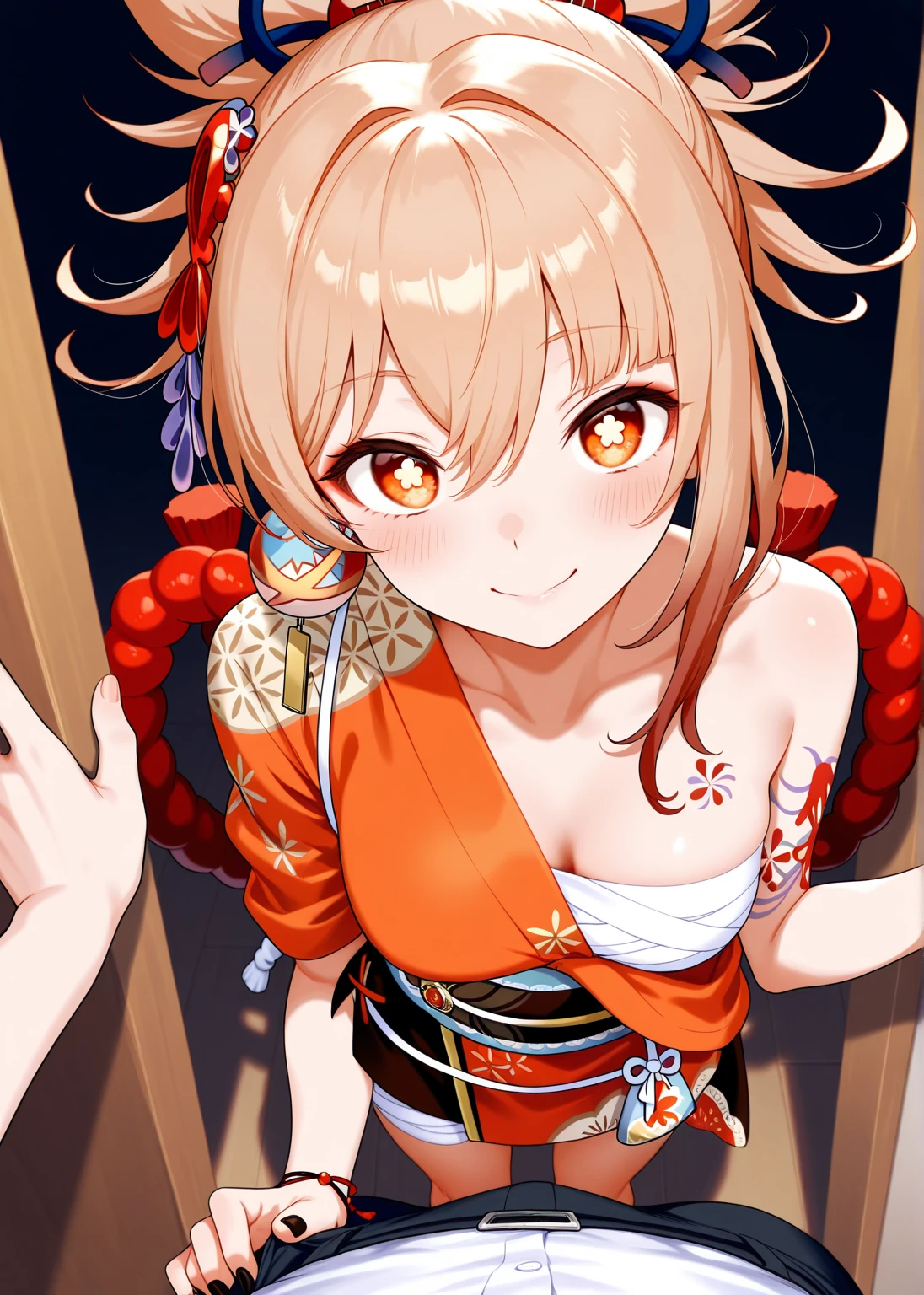 Super detailed,(Highest quality),((masterpiece)),(High resolution),original,very,(\Small merit\),One girl, Underarm, chest, alone, blush, Blonde, View your viewers, orange kimono, Raise the hand, kimono, kimono, chestの谷間, Arm tattoo, Sweat, Red choker, bandage, Put your arms behind your head, White Background, Simple Background, Hair between the eyes, bangs, chestのタトゥー, Yellow Eyes, Orange eyes, medium chest, Mouth closed, Underarmを見せる