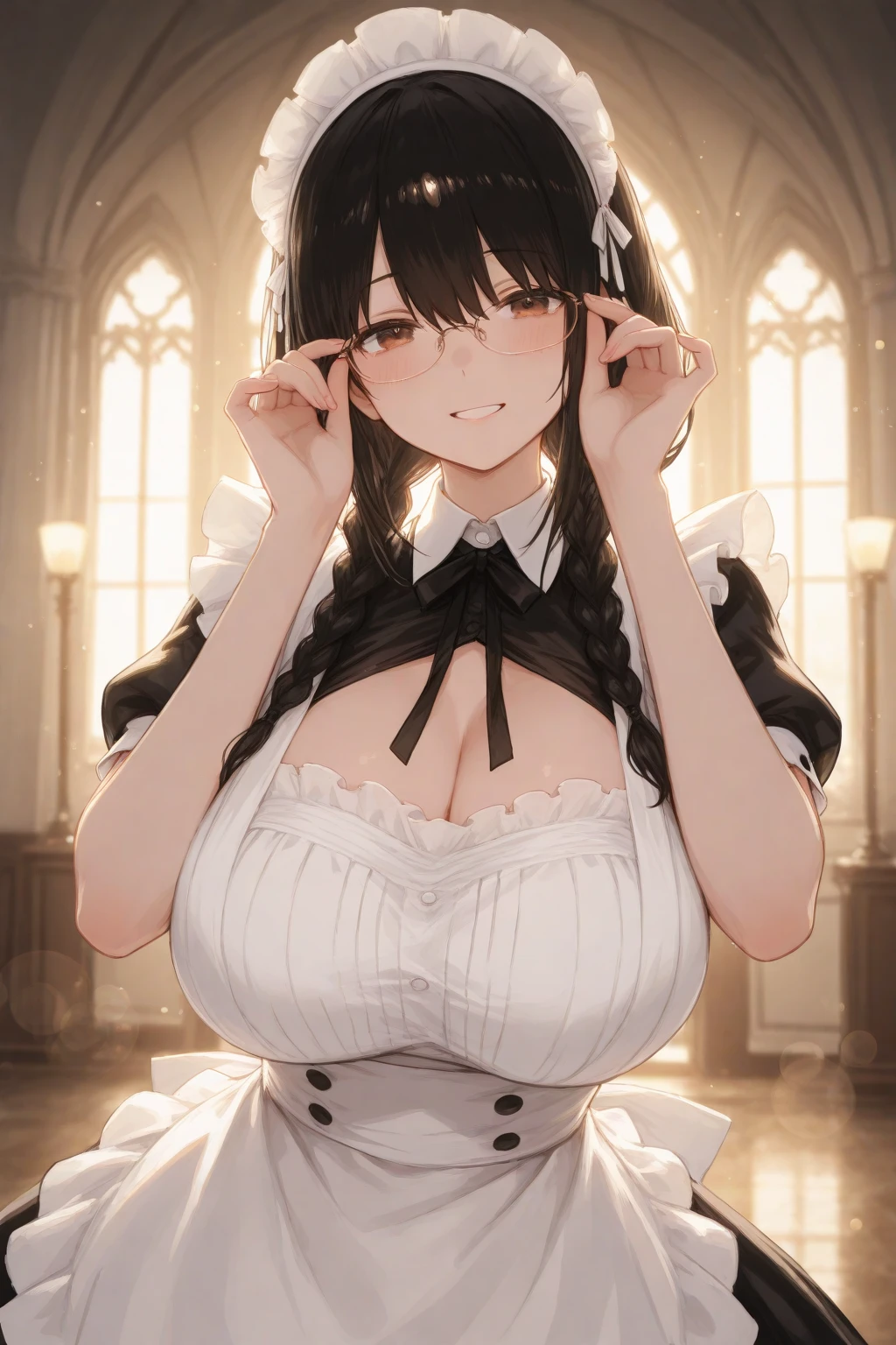 very cute and beautiful girl,(very detailed美しい顔と目:1.2), (smile),blush,black hair,cowboy shot,looking at the viewer, Brown-blue patterned Lolita dress with detailed frills,(skirt lift,white panties), altar,church,indoors, (highest quality,masterpiece:1.2),intricate details,very detailed,High resolution, alone,cinematic lighting,dynamic angle,