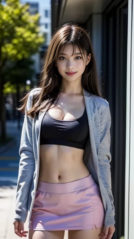 solo、((smile))、((Open Stance)),White shorts、Light pink sports bra、Jacket、Pedestrian precinct、Highest quality、masterpiece、Ultra-high resolution、(Photorealistic:1.4)、(((Staring at the audience)))、Ultra detailed face、Detailed Eye、double eyelid、(Sexy young woman&#39;s body:1.4),Beautiful kneey thighs are clean、
