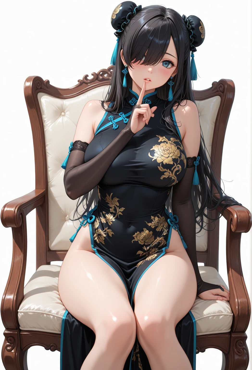 (Enrich the picture,Masterpiece level quality)Beautiful 8K CG artwork,Goddess-like posture,Kneeling exercise,Slim and soft,Translucent skin,Black hair、The beauty of extra-long hair, Super Long Straight Hair,The skin is fair and juicy,Wearing a cheongsam suit,Perspective Part 1.2x enhanced silhouette effect,Exquisite transparent blues pattern in pajamas,The details are intricate and exquisite,The background is slightly blurred,Charming and lustful leg seduction,Drool,Extra-large big breasts,Blush,Japan goddess,Perfect body slim curves,