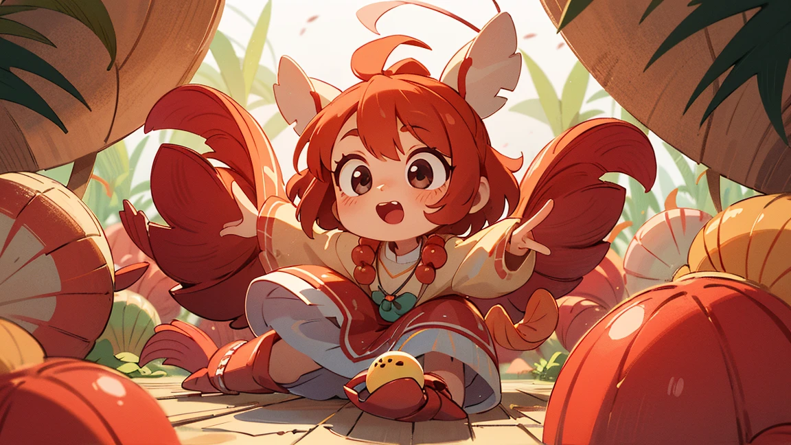 (Modo anime), Loli Red Slime, saludandote, tumbada boca arriba en una piedra de un bosque que le da el sol, pelo rojo