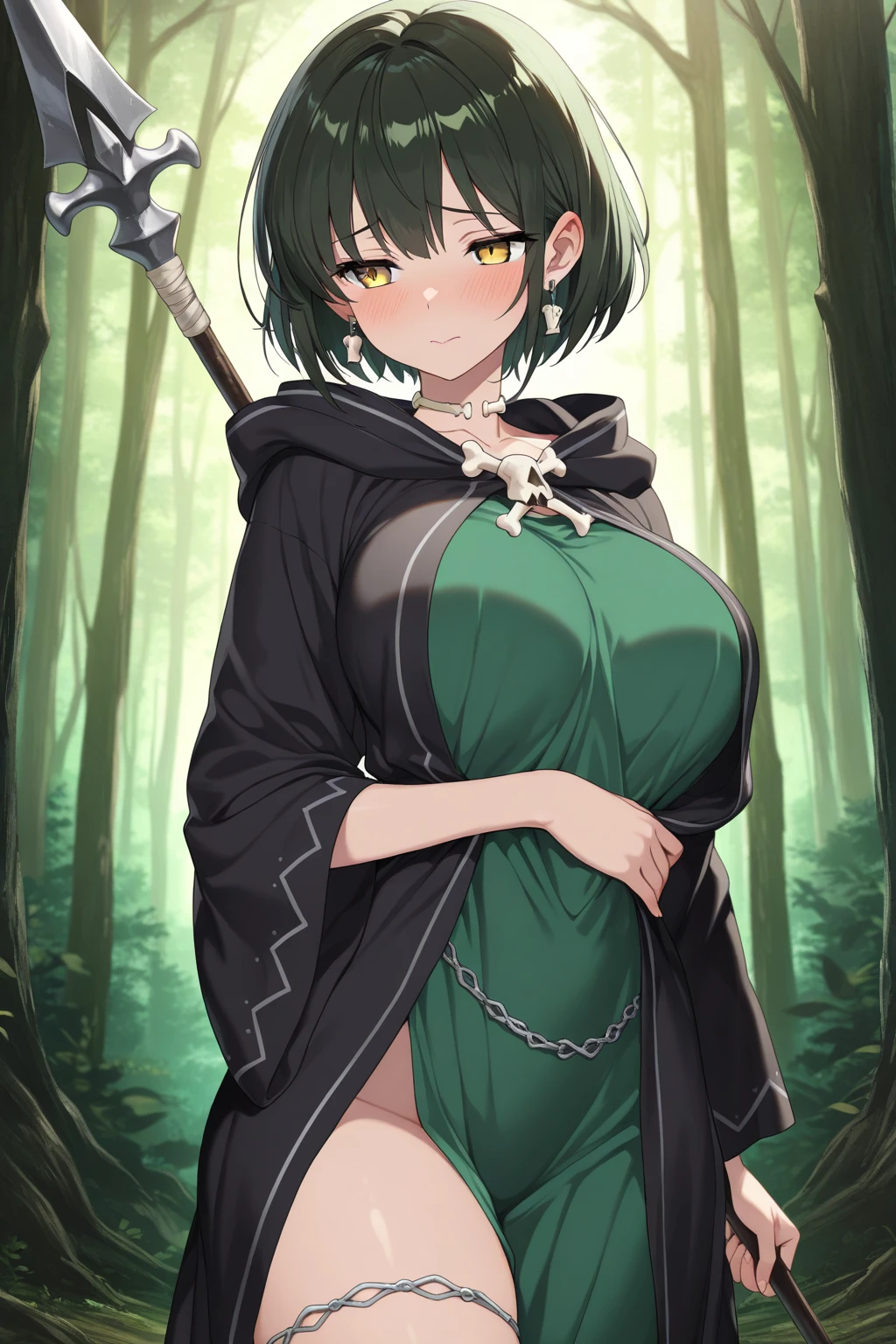 (Masterpiece, best quality, highres) {{Artist: Sincos}} 1 woman, solo, mature, milf, 36 years old, asian, sharp eyes, sexy, elegant, fair skin, dark blue eyes, black hair, short hair, bob-cut, mole under left eye, sultry smile, half-lidded eyes, large breasts, cleavage, fantasy, black cloak, plain blue dress, standing straight, looking at camera, holding small branch, on gravel road, backpack on ground next to her, forest in background, fantasy setting.