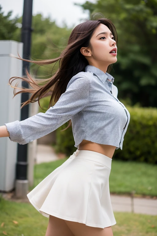 (((Low angle shooting、Looking into the camera:1.22, Leaning forward、Open shirt、No underwear)))、(((8k、highest quality、masterpiece、超A high resolution)))、(Realistic:1.4)、RAW Photos、(Real skin texture:1.3)、(Film Grain:1.3)、((Are standing、Skirt flutters in strong winds、Under the skirt、Do not bend your legs、Don&#39;don&#39;t bend your knees、Spread your thighs、Beachside、))、One Girl、Beautiful and detailed eyes and face、masterpiece、highest quality、close、thin、Japanese Uniform、dynamic、barefoot、Mr.々A pose、windy-upskirt