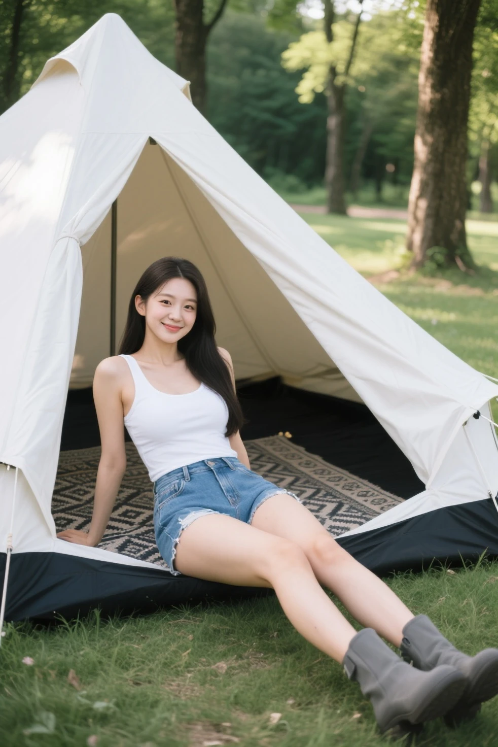 ((Super sweet smile)), a girl, sitting on picnic mat, camping tent, picnic, field style, blue sky, photo shoot, full of flowers