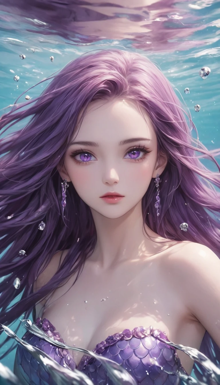 Lyrical and unrestrained, extreme charm, charming curves, dreamy atmosphere, (1 female), (choker necklace: 1.2), purple hair, warm eyes, bright sky, bright sun, water drop texture & mist interlaced (realistic emphasis), fragrant. --auto --s2