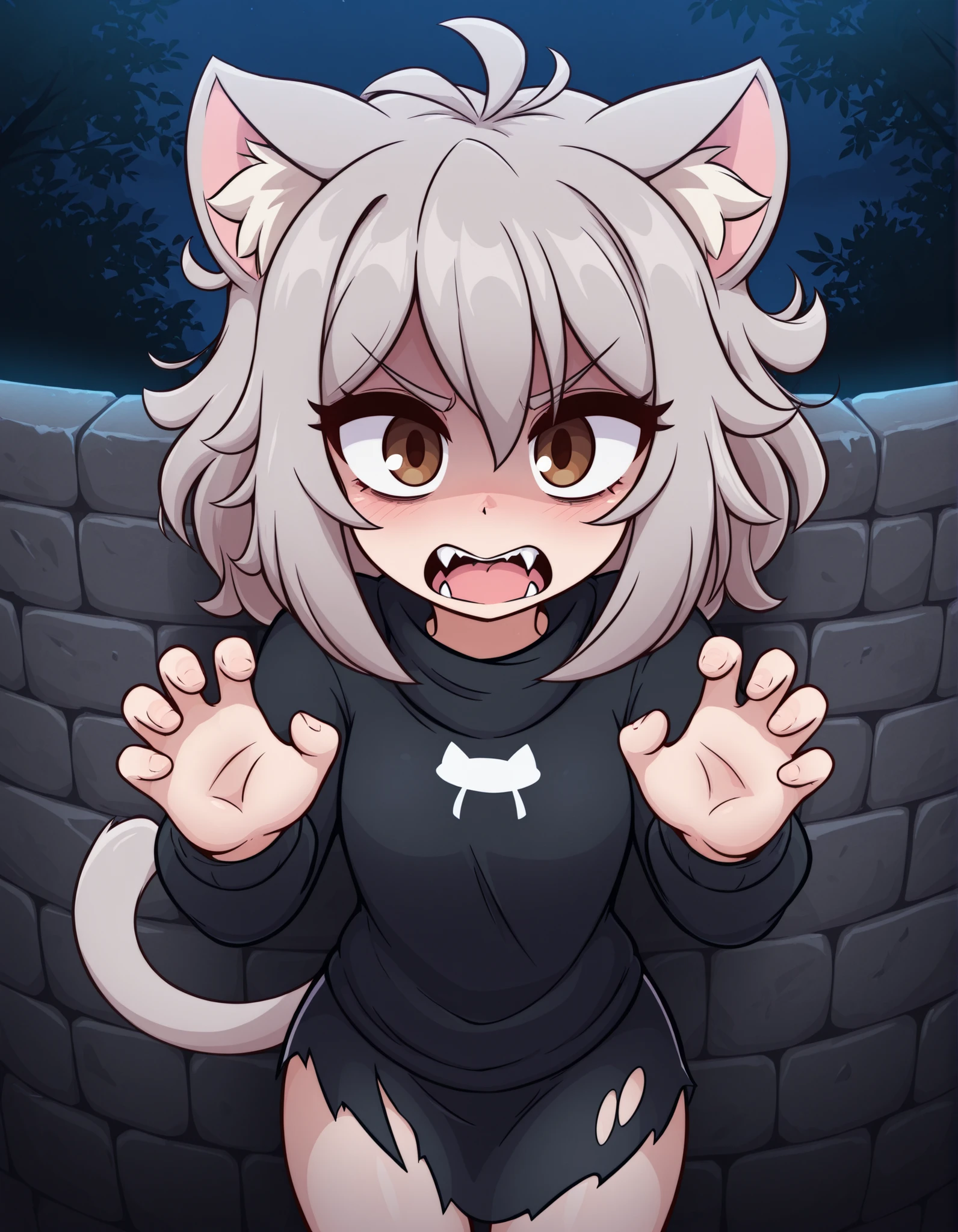 TR0P5TYL3,, 1girl, petite, (skinny and frail:0.7), cat girl, against wall, stone wall, brown eyes,looking at viewer, grey hair, medium hair, messy hair, angry, (scared:0.4), (open mouth:0.5), fangs, hands up, (tearing up:0.5), tail raised, torn clothes, straight-on, dark, night, outdoors, masterpiece,best quality, amazing quality,