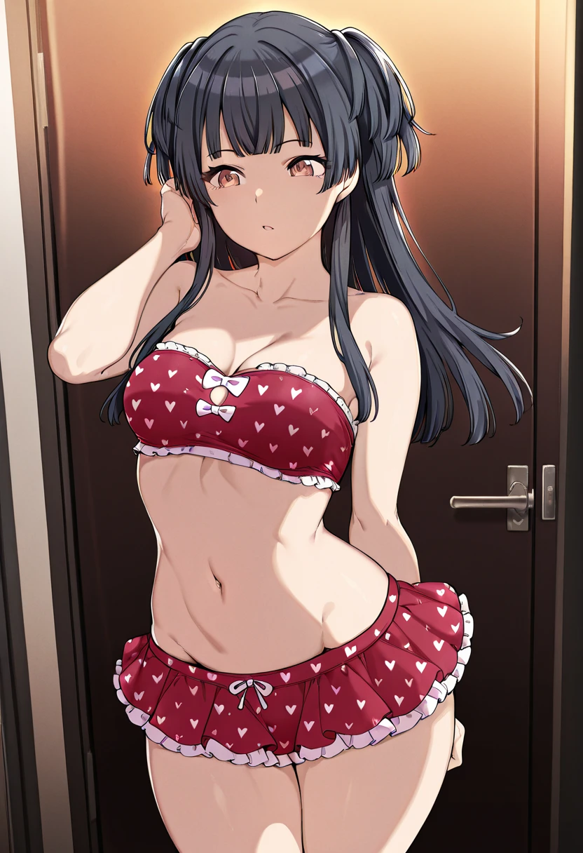 High tail hairstyle, Ponytail hairstyle, Long wavy black hair, standing posing, anime girl style, pixel art anime style,penetrating look with deep eyes,red and purple eyes, hair with a ponytail hairstyle trapped with a big red bun, women, red hair clips, x color shaped hair clips , smiling face blush, next to his bed, lingerie, tank top, Black hair, big thighs, babydoll, body