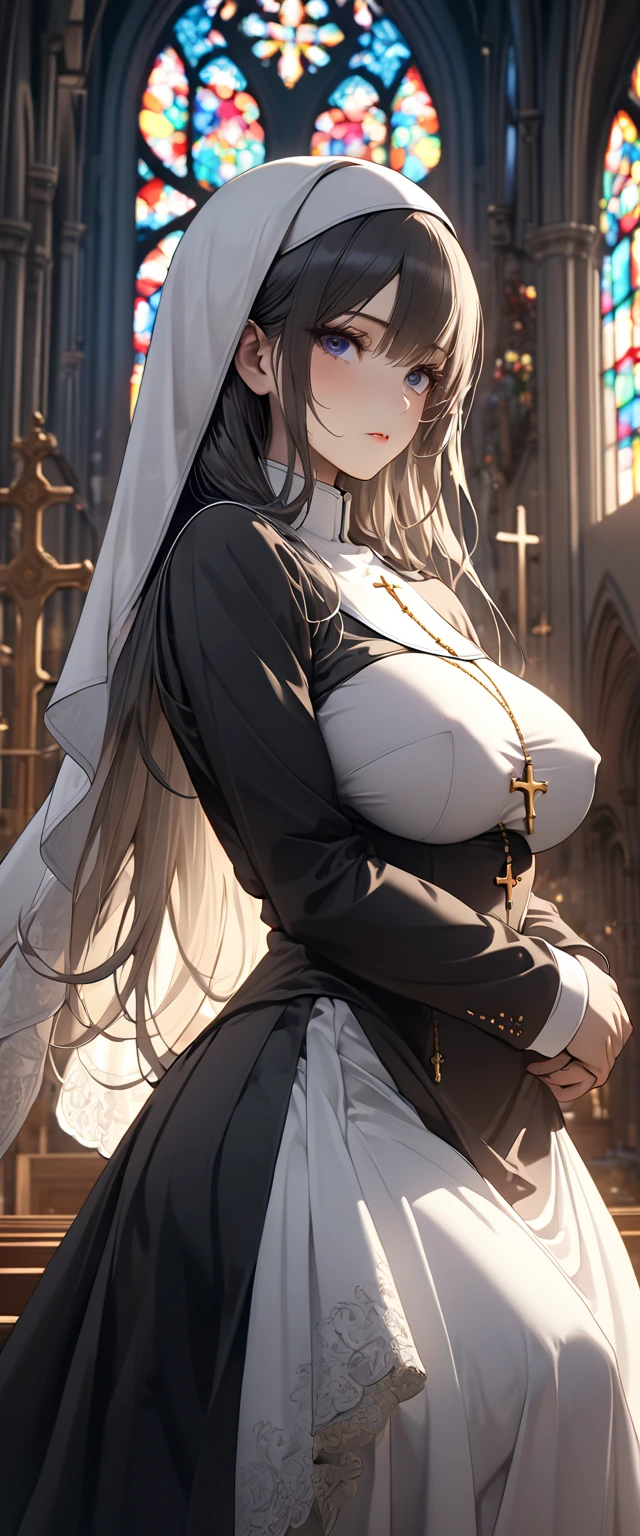 (milf),pray,sit{Thick thighs},((2Nun:1.2)),(Gray Hair,Red eyes) ,Gold Shirt:1.1, (latex clothing:1.1),(At church),(((1 Mature Woman:1.1))),(tears:1.1) ,(Lace panties:1.1),(Huge breasts:1.2),(Breasts Spilling out of white bra:1.1),((vapor:1.2)),masterpiece, highest quality, Very detailed, Dynamic Angle, ((Perfect hands)), Detailed glossy skin, Thin Hair, Beautiful Eyes), Great background, meaningful background, Absurd background, artistic overlay, and colorful hair. The style is surrealism, Cinema Lighting, Ray Tracing,Divine Light, perspective,(avert your eyes:1.3),(Contrasting:1.3),(Gold decoration),(White and red outfit),(Long Sleeve Costume),((Pull up your long lace skirt)),(((Very tight button-down shirt:1.2))),Cape,(People standing behind),cowboy shot、(((Sit cross-legged))),From below