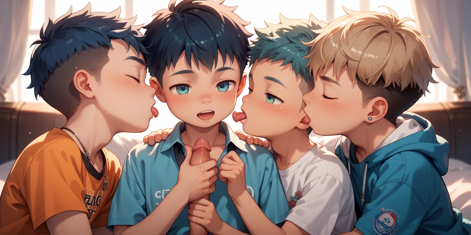 The subject is a boy in the first grade of elementary school. Very young and cute boy A boy with a very young figure Pink Hair He has a harem situation where multiple women are giving him blowjobs on his penis and body.