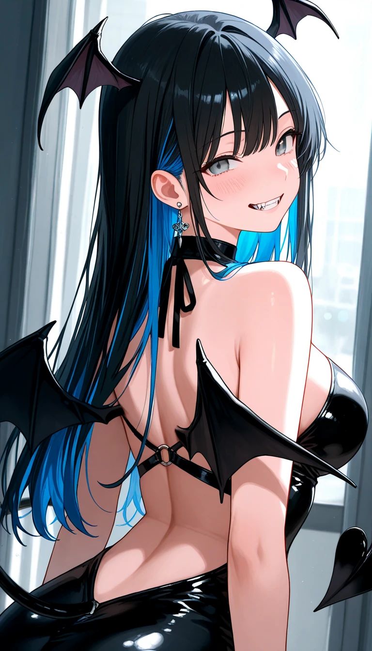 (High resolution:1.4), (masutepiece:1.2), (High quality:1.3) 1girl, saten ruiko, green eyes, long hair, black hair, small breast, (Succubus, sexy suit, Devil Wings, Body Paint),, cinematic lighting, pov, dynamic angle, comiket_cosplay_Hiroba comiket_cosplay, N4, grin,
