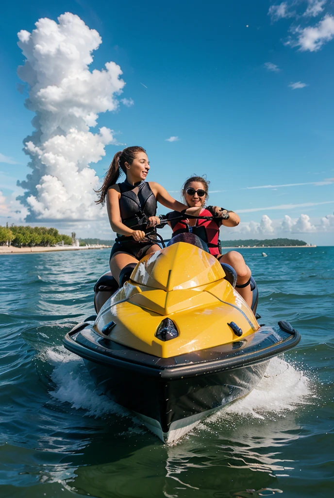 Indonesian woman (40 years), plump. wearing a white hijab, a 15 year old male ( body) ride a blue jet ski