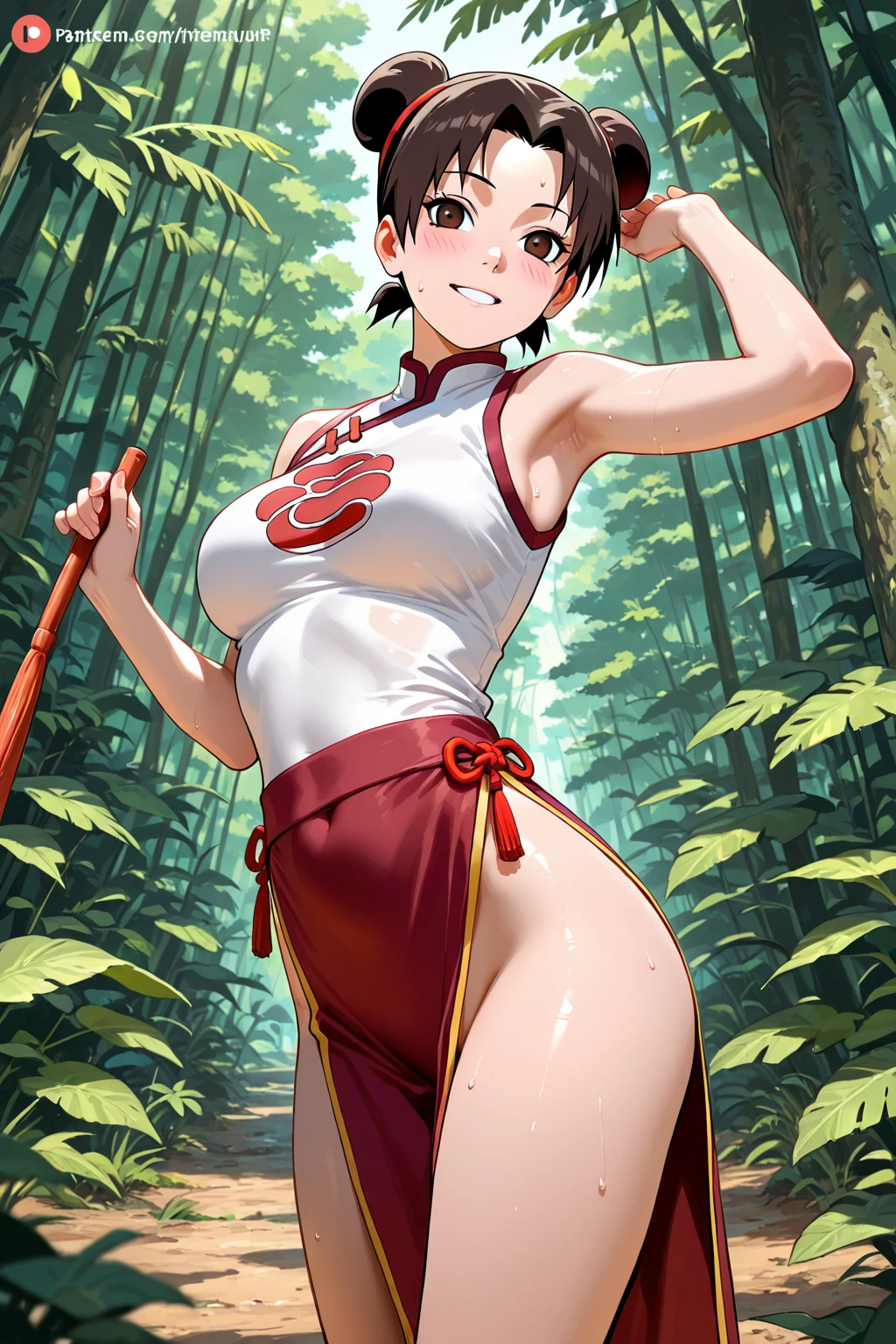 <lora:Shiranui_Mai:0.5>,shiranui_mai,(1girl),(dancing),bare shoulders,pelvic curtain,red revealing clothes,bare arms,(high ponytail:1.2),long hair,cleavage,(red thong),(gigantic breasts:1.3),black sash,full body,bare legs,bare feet,masterpiece,best quality,(colorful),(delicate eyes and face),volumatic light,ray tracing,bust shot,extremely detailed CG unity 8k wallpaper,smile,((flying petal)),(Flowery meadow) sunny,sunshine,light,fantasy,windy,magic sparks,trees,lake,mountains,((flowers)),harano,
