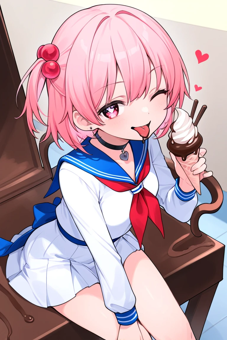 Sakura with her mouth open looks at the cock in her hands. her cheeks are red