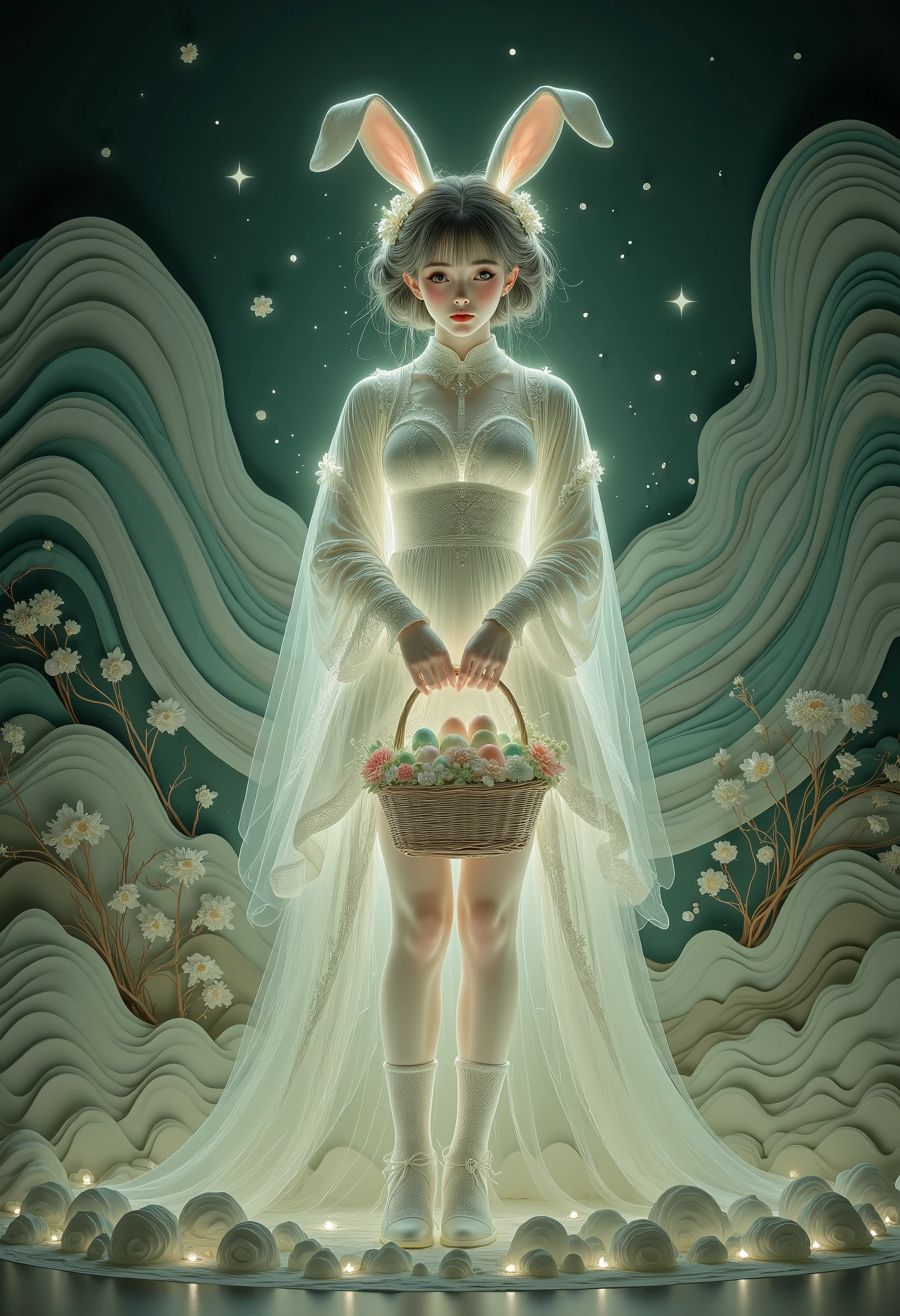 "(best quality, High Resolution, Masterpiece:1.4)、 8,000、((handwriting、watercolor pencil drawing )) realistic、Outstanding Art Performance, realistic、Outstanding Art Performance. anime Styled, 1 girl, full body photo, (Easter , white rabbit ears, white dress, Plush collar, Balloon skirt, Rabbit Tail, White Lace Socks, white shoes,  short gray hair,  bangs, Beautiful face, Big red eyes, double eyelid, Shiny Lips, slender waist , and wide  and thighs), (Holding a Big Wicker Basket, The basket is full of colorful eggs and candy), Fantasy theme, Staring at the audience, Styled: Super Detailed Information,  with soft texture  , Show me the movie lights, Dynamic composition, Combines Divine Purity and Sweet Romance."