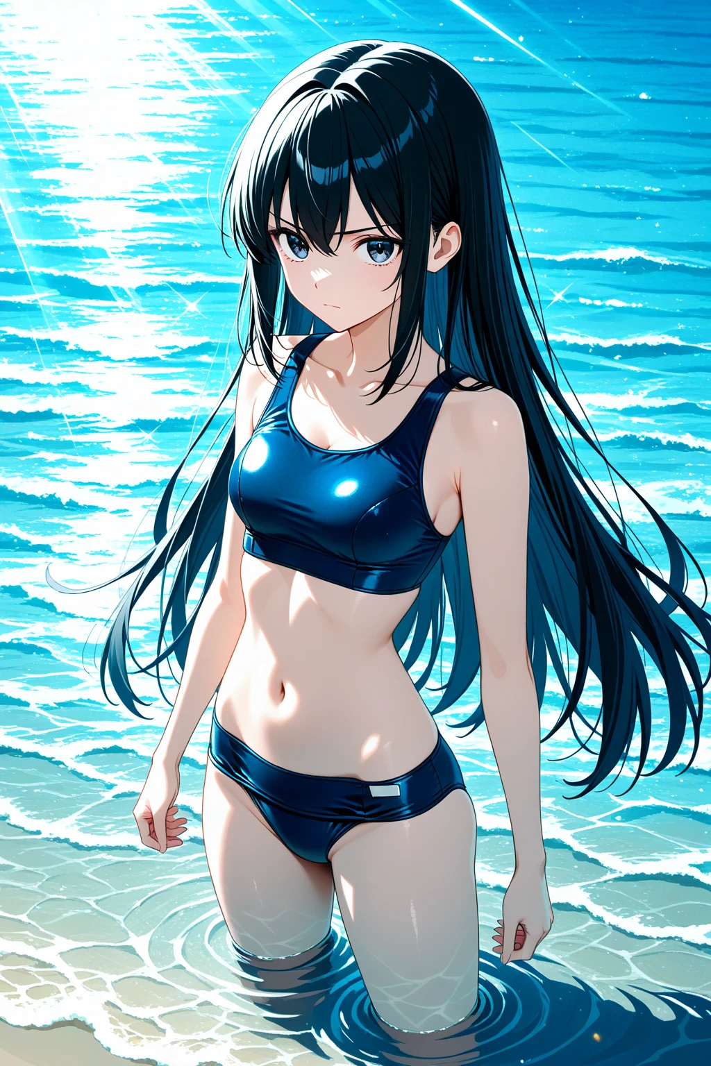 ((4k、8k、top-quality、Perfect Finger:1.3、Perfect Anatomy:1.3、Blur the background))、two people、((elementary student、8years old、Small breasts、Cute droopy eyes、stright long hair、A slender))、a smile、(blue white yellow decoration、onepiece swimsuit)、Angle where the whole body is depicted、、Poolside with blue sky、