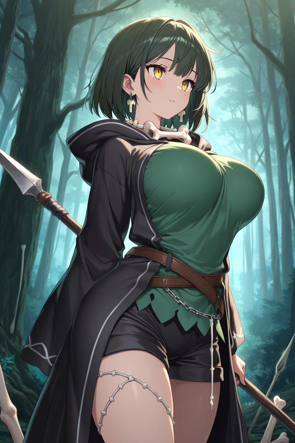 ((1 boy, brown hair, brown pants, no blouse, a bracelet on his arms, a backpack on his back, with a boot, a belt with a sword)),((muscle)),((yellow eyes, happy face )),((1 cyborg woman, one bionic arm,((gigantic breasts, bare breasts, bare pussy, erect breasts, grabbing breasts)),((green hair)),((1 red eye and 1 black eye, Dude desperate)) ,((In a haunted forest, at night)),