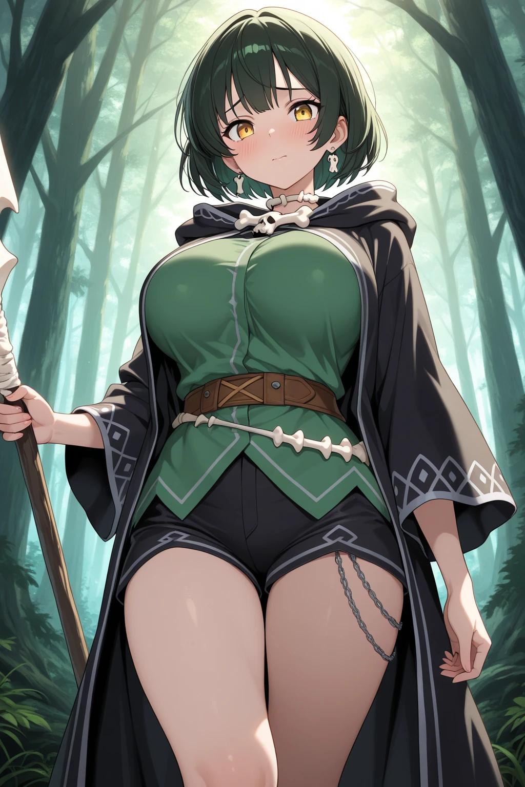 fantasy, 1forest_elemental_girl, (dark_skin)0.9, (using_leaves_clothes, green_leaves_covered_breasts, leaves_covered_pussy)+++,(gigantic_heavy_tits:1.1), walking, (smile, sleepy)+, medium_hair, navel,(plump:0.9), oil, (winding_vine_around_torso)++, forest_background, leaves_headgear, green_leaves_cape, spread_arms, large_staff, leaves_thighhighs, big_ass,