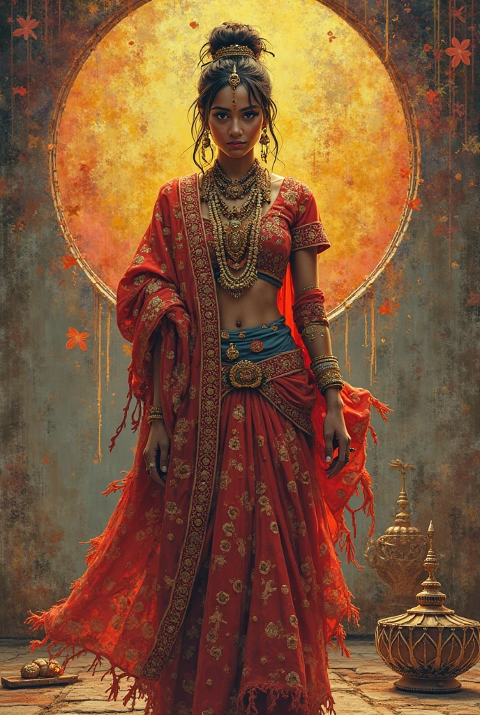 a contemporary concept art of curvaceous Bollywood actress aged 45 as Demigodess yakshi in Agnes Cecile, Ashley Wood and Guy Denning artstyle, beautiful dark skin, yakshi embracing the unknown in a dark ancient forest wearing a white and red Kerala saree with ornaments, jewelry, and trinkets in dark bright shades of red and black colors, inspired by lores and mythology contemporary india, and darkly divine, dark mystics and red color spatter.