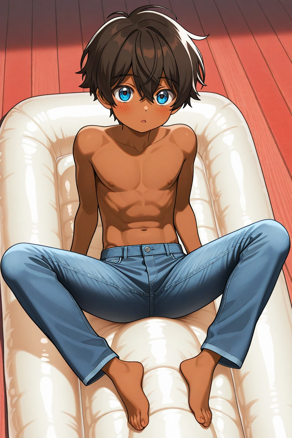 masterpiece, best quality, 1boy, hop \(pokemon\), purple hair, short hair, yellow eyes, dark skin, topless, sandals, looking at viewer, smile, sitting, solo, sea, sand, tropical island background , naked , nude , porn, NSFW, penis, nude beach, ahegao