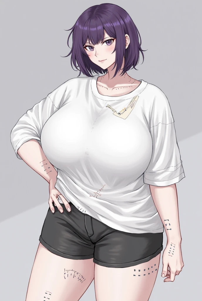 1girl, black hair, medium hair, glowing eyes, toned, toned female, large breasts, thick thighs, hourglass figure, smile, hand on pocket, black shirt, jeans, pants, blue jeans, mature female, smirk, smug, arms behind back, hands on pocket, milf