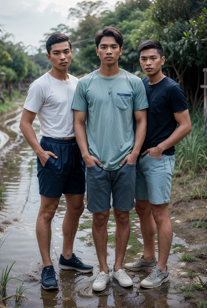 ((2 boys American+Japanese, white skin body dirty from clay)), shirtless , naked walking by turn sideways in local thailand university in afternoon, skinny fat body looks like 12 years old ,university