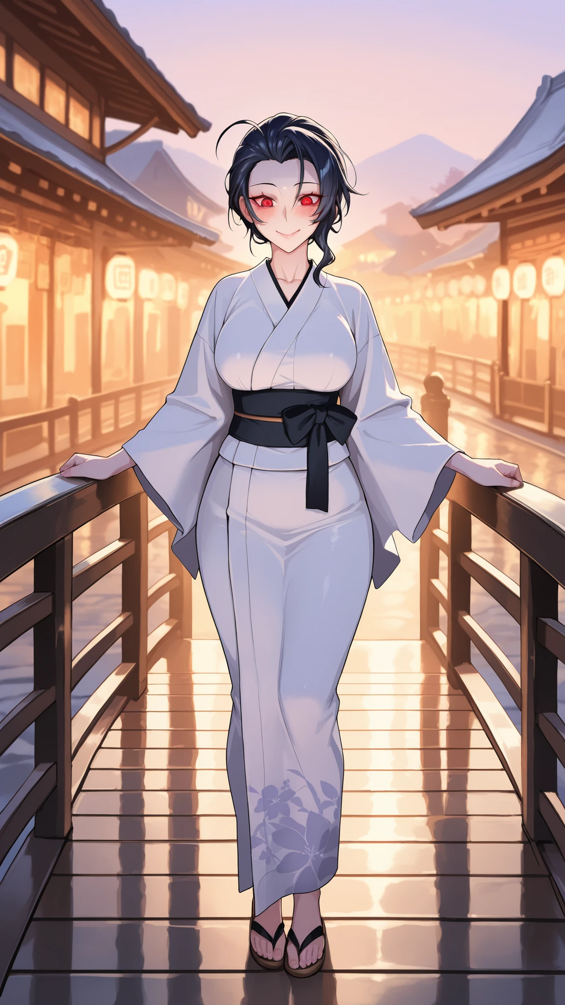 absurdres, (((Ultra HD))), (((Ultra High Quality))), ((hyper detailed)), ((Ultra High Resolution)), (Highly rendered), ((detailed eyes)), (((8K))), ((perfect face)), ((masterpiece)), cinematic, darkened, solo, 1girl, tall, smile, blushing, dark blue hair, short hair, slicked back, ahoge, red eyes, medium breasts, white kimono, wide sleeves, sandals, Japanese town, bridge, late evening, golden hour, full body, standing