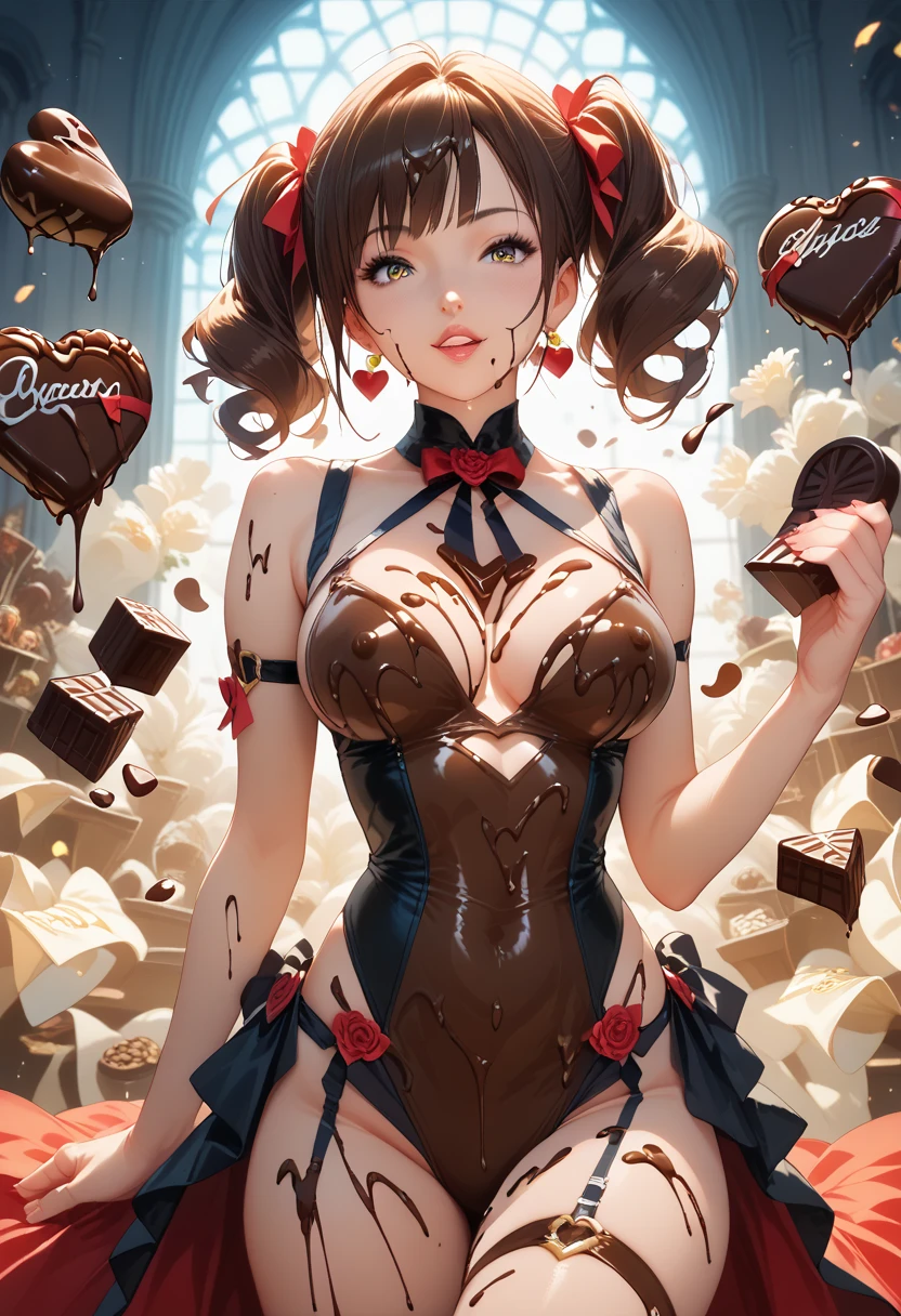 (best quality, masterpiece, ultra detailed, ultra high res, photorealistic, raw photo, absurdres, absolutely resolution:1.4),(best quality color portrait of a gravure idol in chocolate bikini standing , medium long shot ,valentine's day promotion:1.3), (valentine's day promotion:1.4),( Use a lot of heart shapes ,Use a lot of heart shapes in the background:1.3),(An extremely delicate and beautiful work:1.2), Brake (bikini made of chocolate with decoration :1.4) ,(melty chocolate:1.3),(liquid bikini ,liquid dress, liquid clothes) ,Brake The woman is a 24-year-old gravure idol , super model ,she is the embodiment of beauty and allure, A very beautiful and sexually attractive woman, sensual and seductive,  (beautiful figure, Perfect female body,:1.3), skinny physique, (her flowing hair cascades gracefully, perfectly complemented by tasteful and elegant makeup:1.2), black hair, detailed face, looking at viewer, detailed eyes, black eyes, lustrous lips ,smile, cleavage, (large breasts:1.1),Brake (Fractal Art:1.3),Use a lot of heart shapes in the background,(valentine's day:1.2)