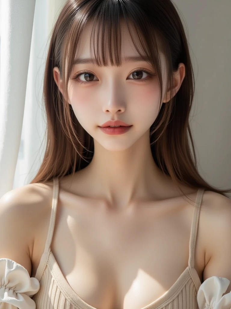 detailed face, cute face,brown eye, master piece , best quality , detailed , (woman face) , (breast hold:1.4) , t-shirt , japanese , room , indoor
