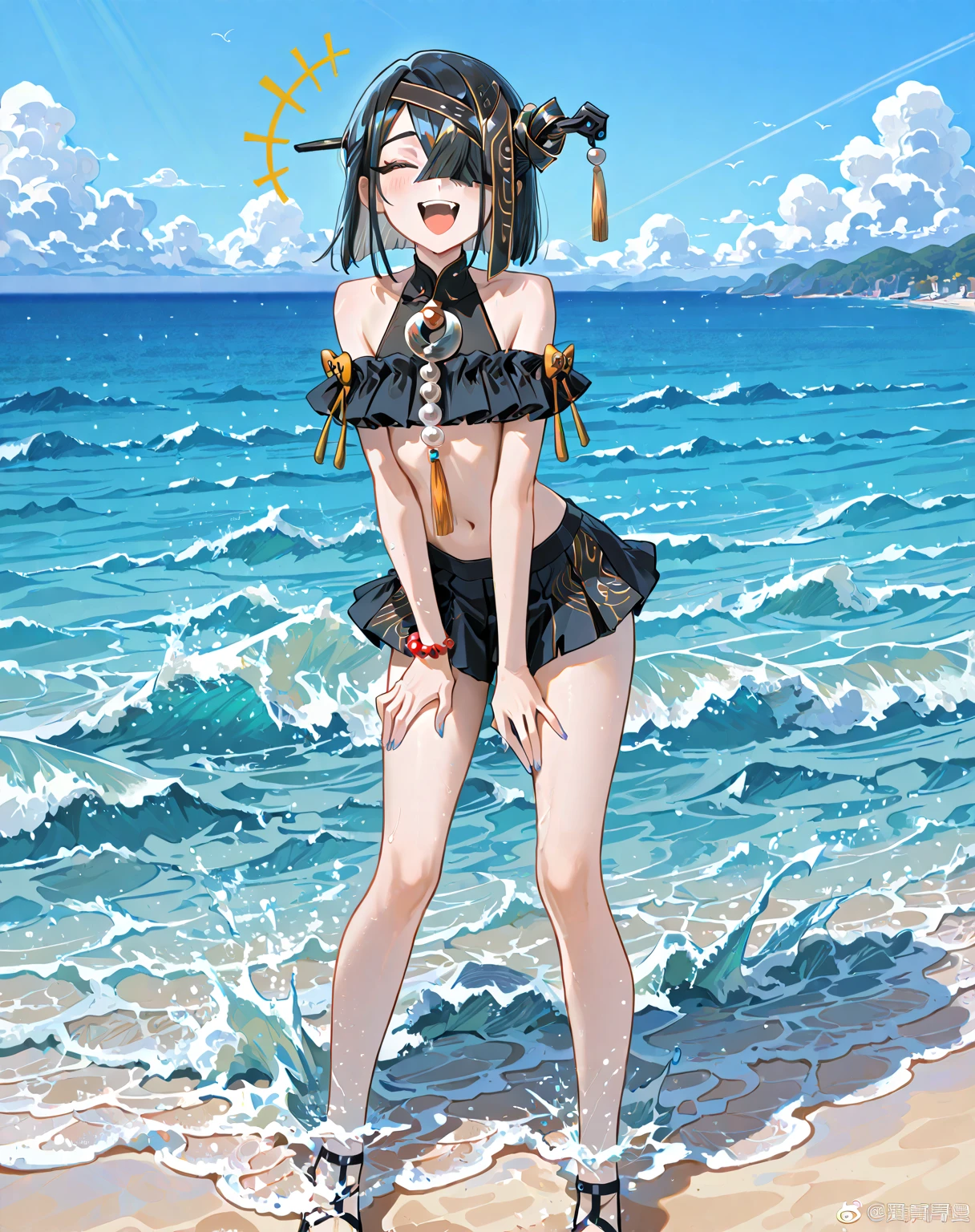 NSFW,1girl,(clear,translucent:1.5),(illustration:1.0),vibrant colors, girl, masterpiece,(wet:1.1) ,sharp focus, best quality, soft lighting,nude, (detailed outfit:1.3),symmetrical eyes, dynamic pose,gradient black hair, red eyes, wide hips, mature female, thicc,curvy,(abs:0.9),gold egyptian jewelry, sunset beach,(toddler body:1.5),spled leg