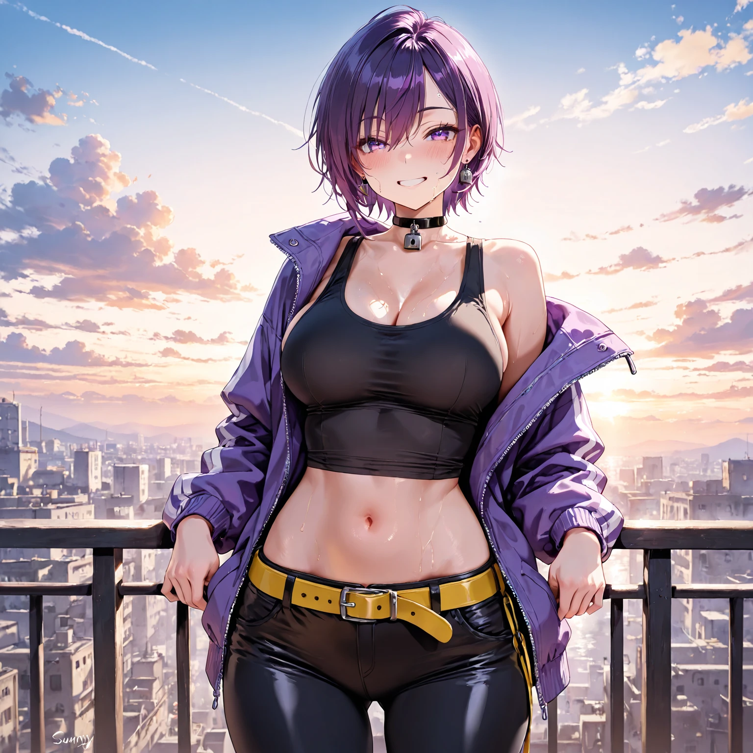 Beautiful girl, smile, cyberpunk, ponytail, bust up, abs, hair ornament, pants, glossy skin, big breasts, shorts, open chested shirt, beautiful, sexy lips